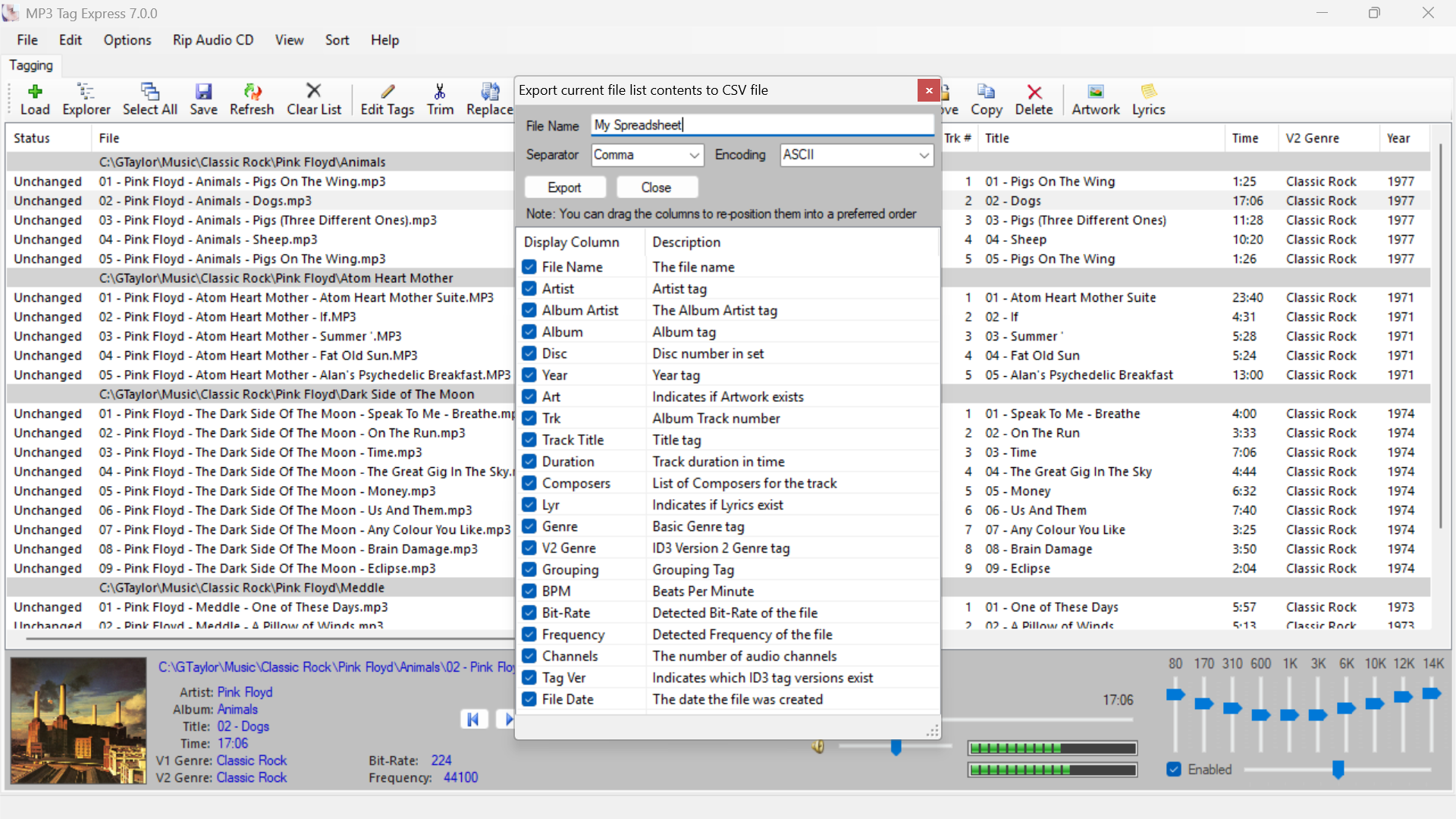 Export file list to a spreadsheet